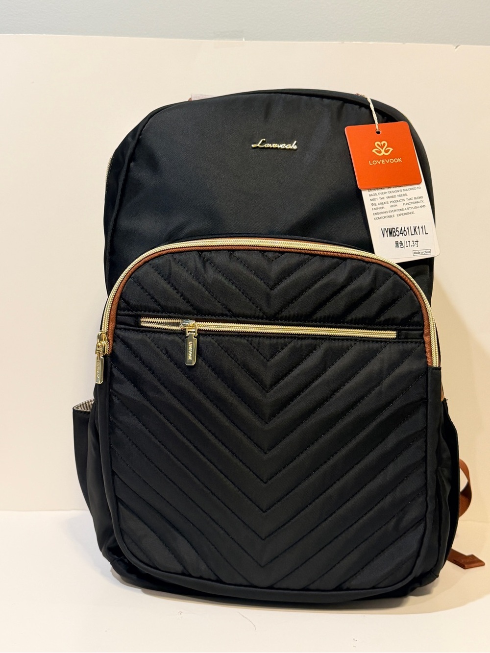 NWT Lovevook Black Quilted Backpack with Gold Accents
